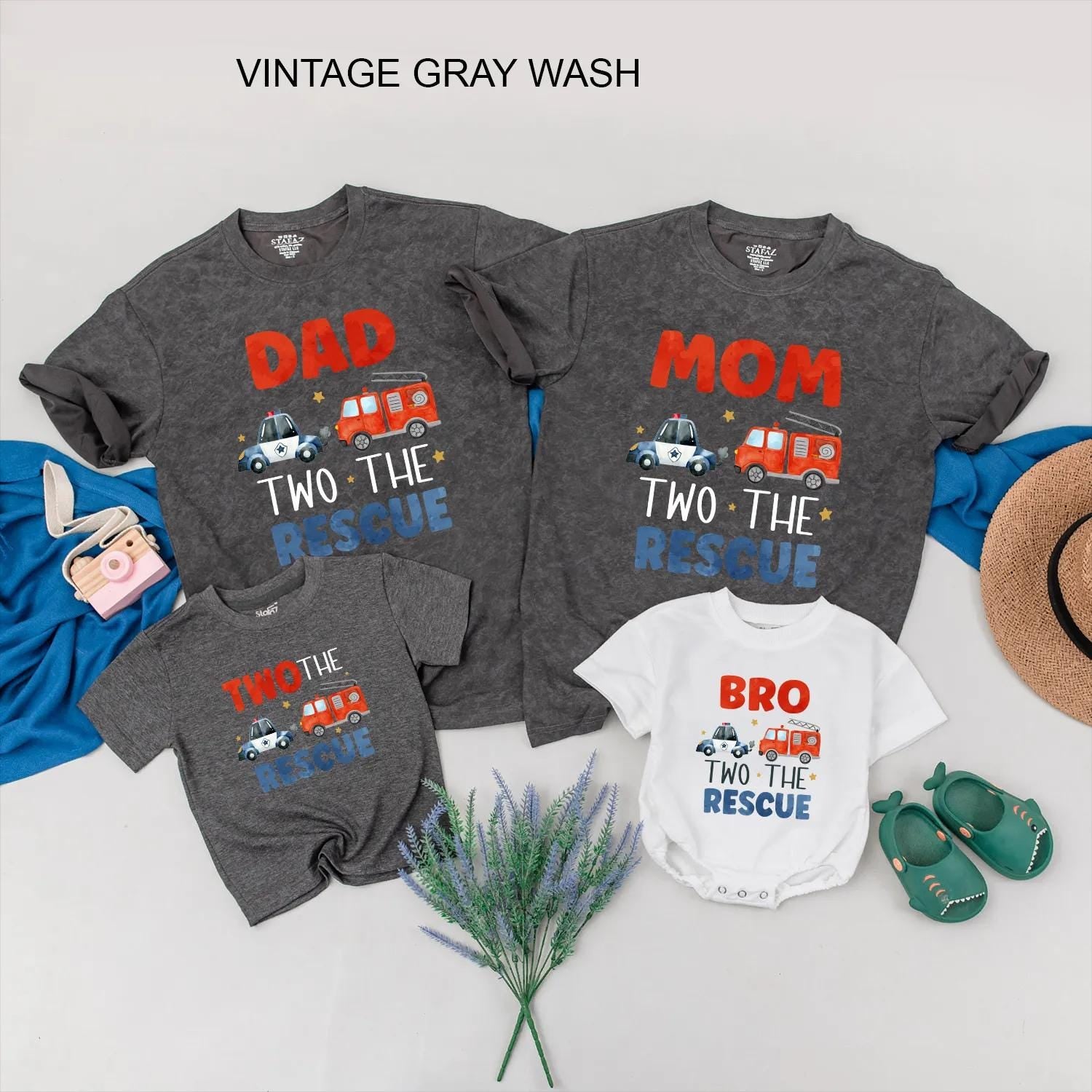 Fire Truck Police Car Birthday Shirt Matching Family Emergency Vehicle Outfit First Birthday Boy Toddler Rescue Clothes Custom Name Gift