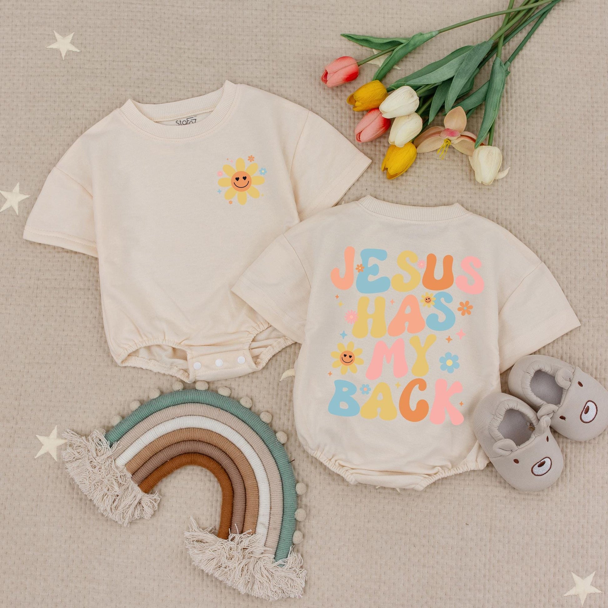 Jesus Has My Back Baby Romper Christian Religious Boho Kid Gift Floral Babysuit Infant Toddler Cute Church Clothes Cotton