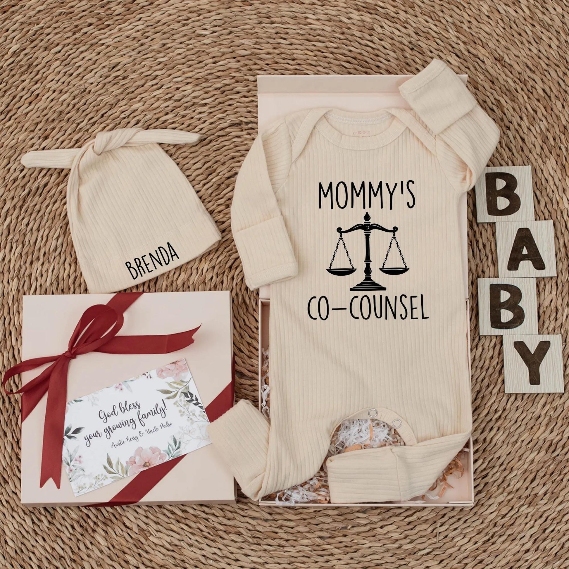 Custom Mommy's Co-Counsel Baby Bodysuit, future lawyer outfit for newborn attorney moms, perfect baby shower gift featuring cute legal design elements for your little co-counsel.