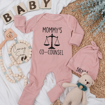 Custom Mommy's Co-Counsel Baby Bodysuit, future lawyer outfit for newborn attorney moms, perfect baby shower gift featuring cute legal design elements for your little co-counsel.