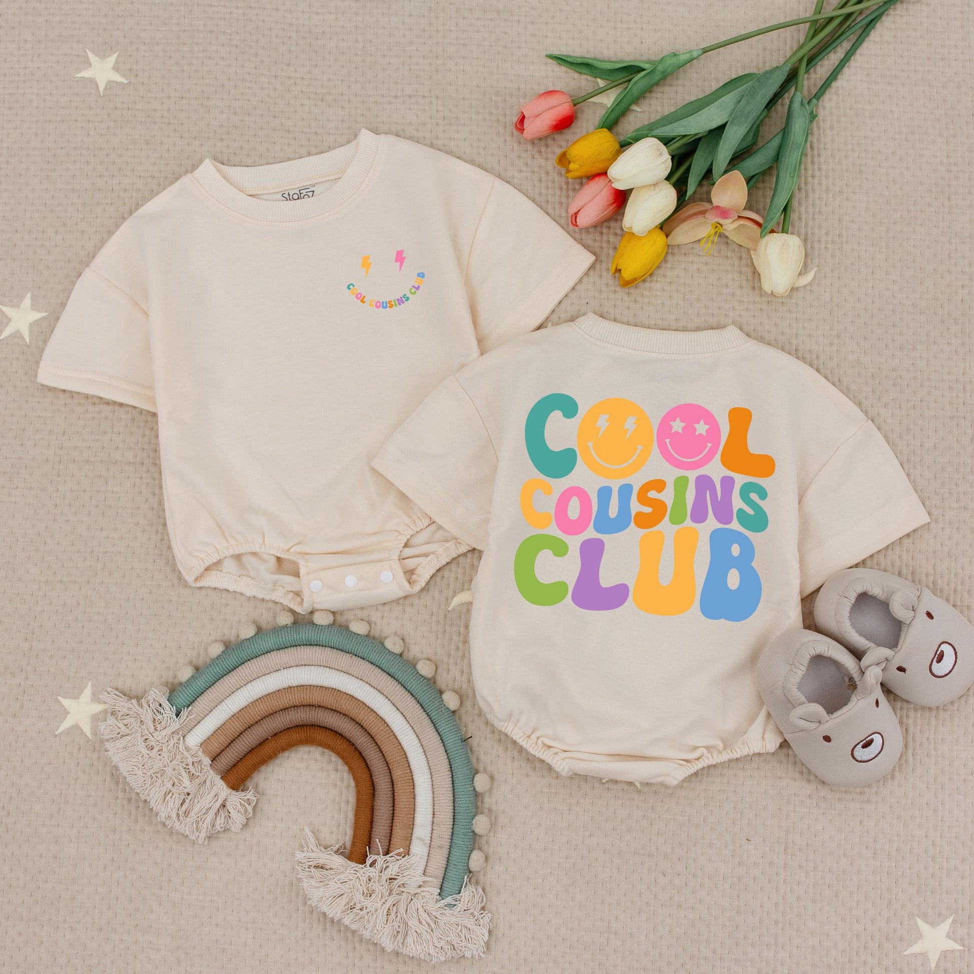 Cool Cousins Club Baby Romper Retro Smiley Face Lightning Bolt Bodysuit for Cousin Crew Family Reunion Natural Color Soft Cotton