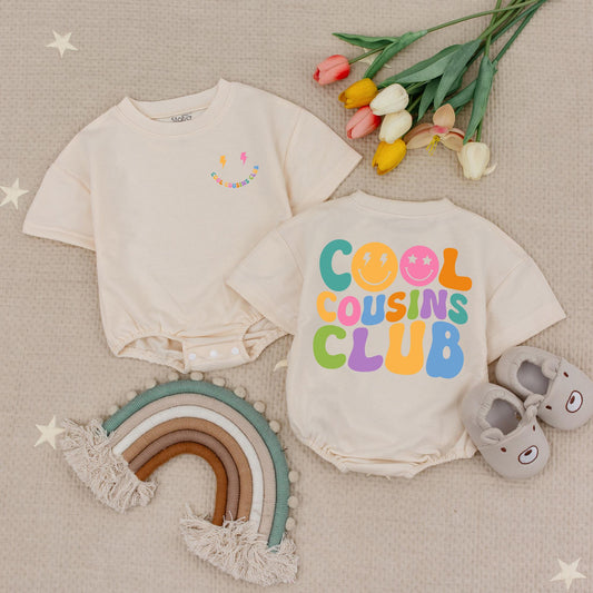 Cool Cousins Club Baby Romper Retro Smiley Face Lightning Bolt Bodysuit for Cousin Crew Family Reunion Natural Color Soft Cotton