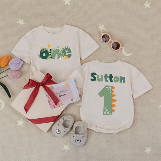 Dinosaur Birthday Baby Romper "ONE" Green Dino Skin Texture with Sun Clouds First Birthday Outfit Toddler