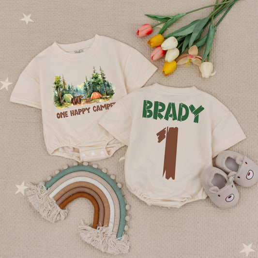 Personalized One Happy Camper Baby Romper Camping First Birthday Boy Outfit with Name and Number Outdoorsy Playful Woodland Design