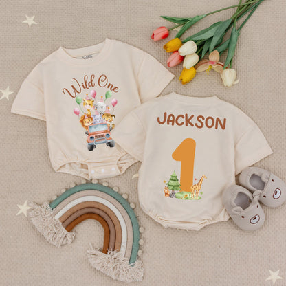 Wild One Birthday Romper Custom Name Safari Animals First Birthday Babysuit Zoo Theme Personalized Number One Bodysuit Baby Boy Jungle Party (135 chars)