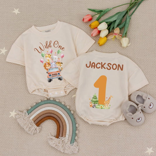 Wild One Birthday Romper Custom Name Safari Animals First Birthday Babysuit Zoo Theme Personalized Number One Bodysuit Baby Boy Jungle Party (135 chars)