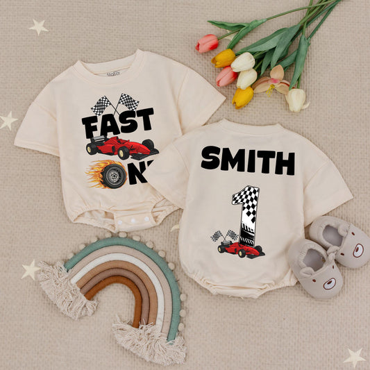 Fast One Race Car 1st Birthday Baby Romper Set, Checkered Flag Bodysuit, Personalized Smith Outfit, Boy First Birthday Gift, Soft Cotton 130