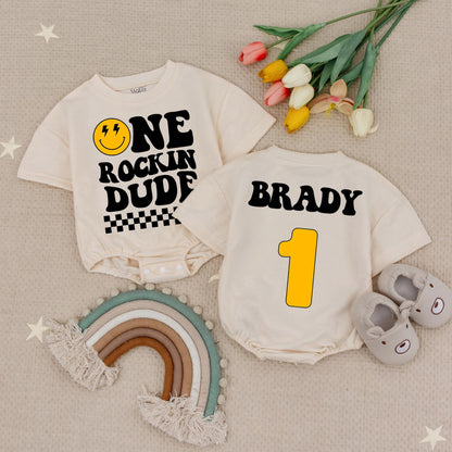 Custom Name One Rockin Dude Smiley Face Birthday Romper for Baby First Birthday Outfit Checker Pattern Fun Vibes