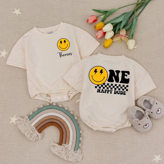 Custom Name One Happy Dude Birthday Romper, Smiley Face Lightning Bolt Eyes 1st Birthday Outfit Baby Boy, Yellow & Black Design