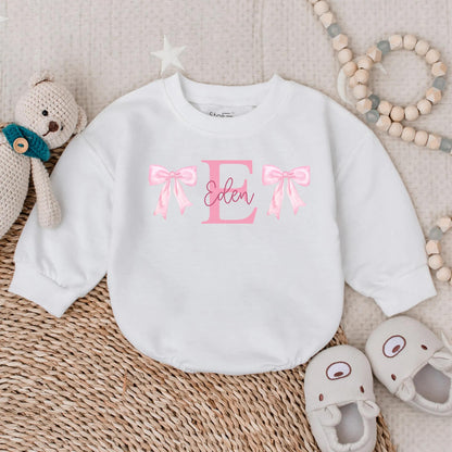 Custom Name Baby Girl Romper Sweatshirt with Bow | Personalized Infant Outfit Shower Gift | Cute Baby Clothes Idea for 1st Birthday