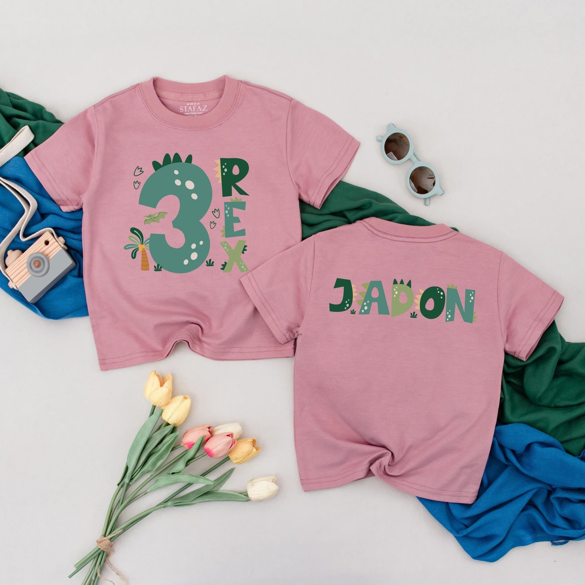 Personalized Three Rex Dinosaur Birthday T-Shirt 3rd Birthday Boy Outfit Toddler Tee Custom Name Roar Party Gift
