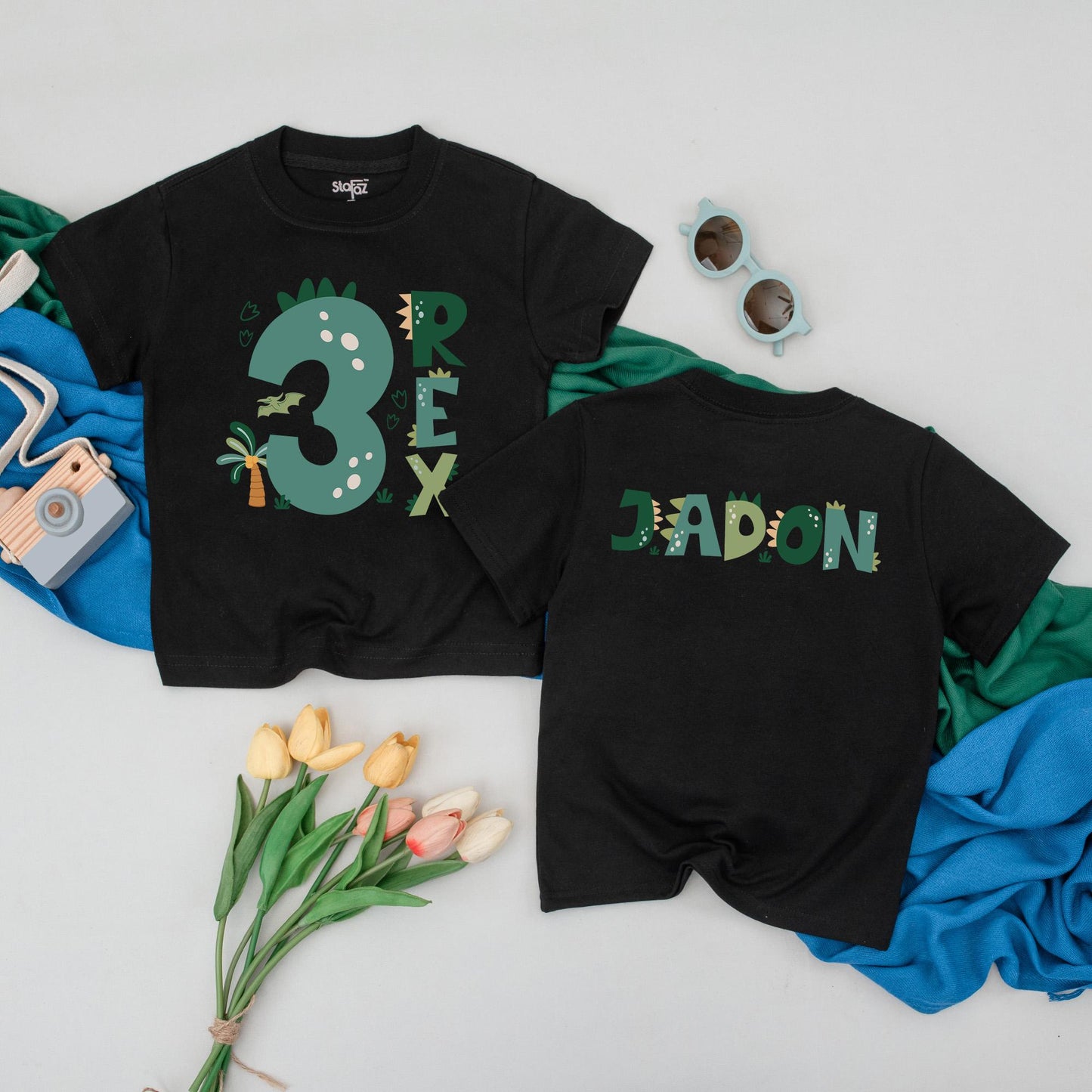 Personalized Three Rex Dinosaur Birthday T-Shirt 3rd Birthday Boy Outfit Toddler Tee Custom Name Roar Party Gift