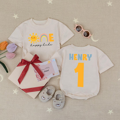 Custom One Happy Dude Sun Baby Romper 1st Birthday Outfit Boy, Sun Birthday Bodysuit, One Cool Dude Baby Clothes
