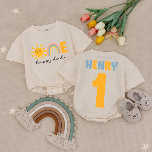 Custom One Happy Dude Sun Baby Romper 1st Birthday Outfit Boy, Sun Birthday Bodysuit, One Cool Dude Baby Clothes