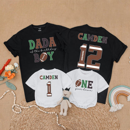 Football First Birthday Matching Family Shirts, Custom Name Number One Year Old Outfit, Birthday Boy Romper, First Birthday Party Gift, Sports Theme (138 chars)