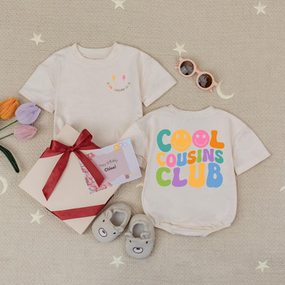 Cool Cousins Club Baby Romper Retro Smiley Face Lightning Bolt Bodysuit for Cousin Crew Family Reunion Natural Color Soft Cotton