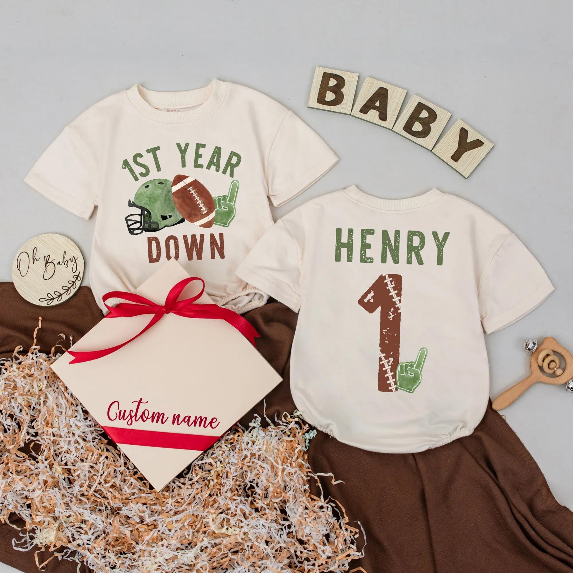 One Year Down Bubble Romper Custom Name First Birthday Outfit Baby Sports Birthday Gift Game Day Football Celebration