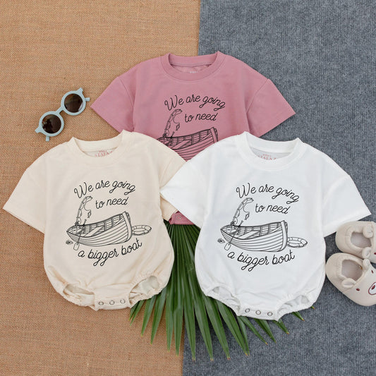 We're Going to Need a Bigger Boat Bubble Romper Baby Announcement Bodysuit Boating Themed Infant Pregnancy Reveal Gift Idea Soft Cotton Baby Shower Outfit Ships Fast