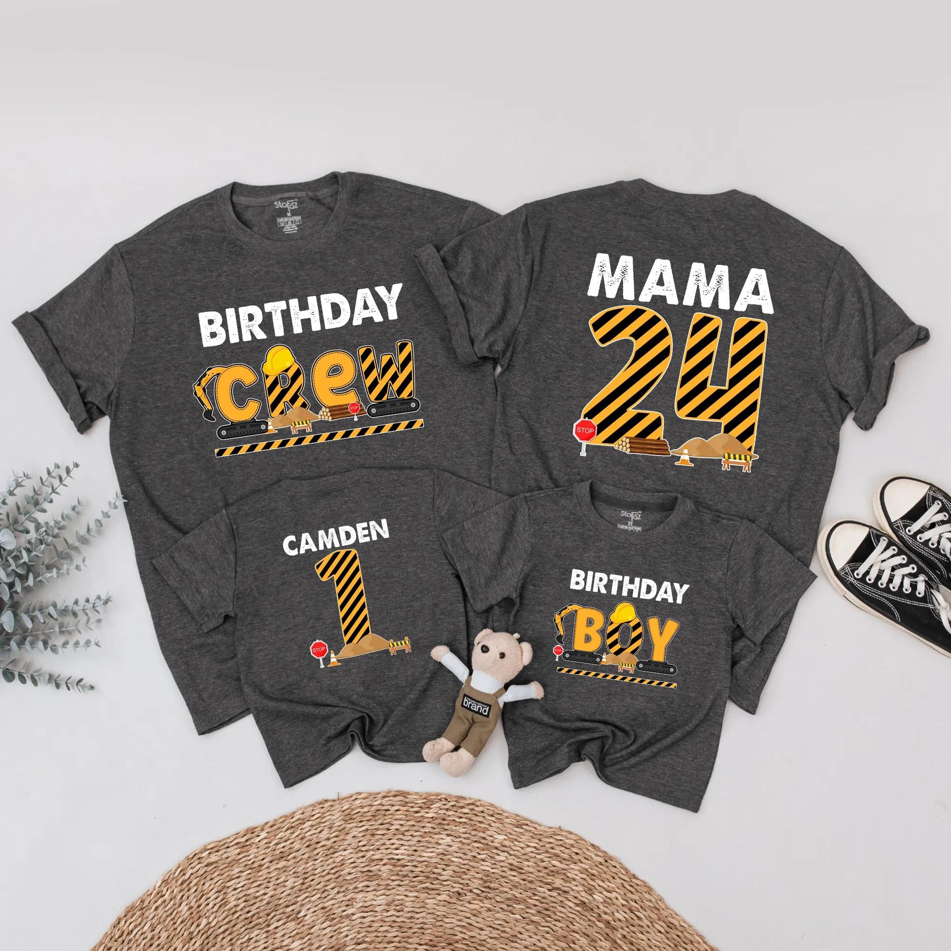Matching Construction Birthday Crew Shirts, Custom Camden 1st Birthday Outfit for Baby Boy, Digging It Truck Theme, Black & Yellow