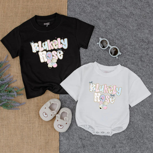 Preppy Floral Back to School Outfit for Toddler Girls Custom Name Shirt Romper First Day of School Personalized Gift with Cute Bow Design
