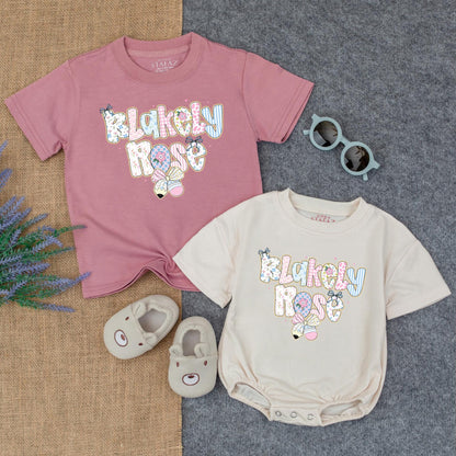 Preppy Floral Back to School Outfit for Toddler Girls Custom Name Shirt Romper First Day of School Personalized Gift with Cute Bow Design