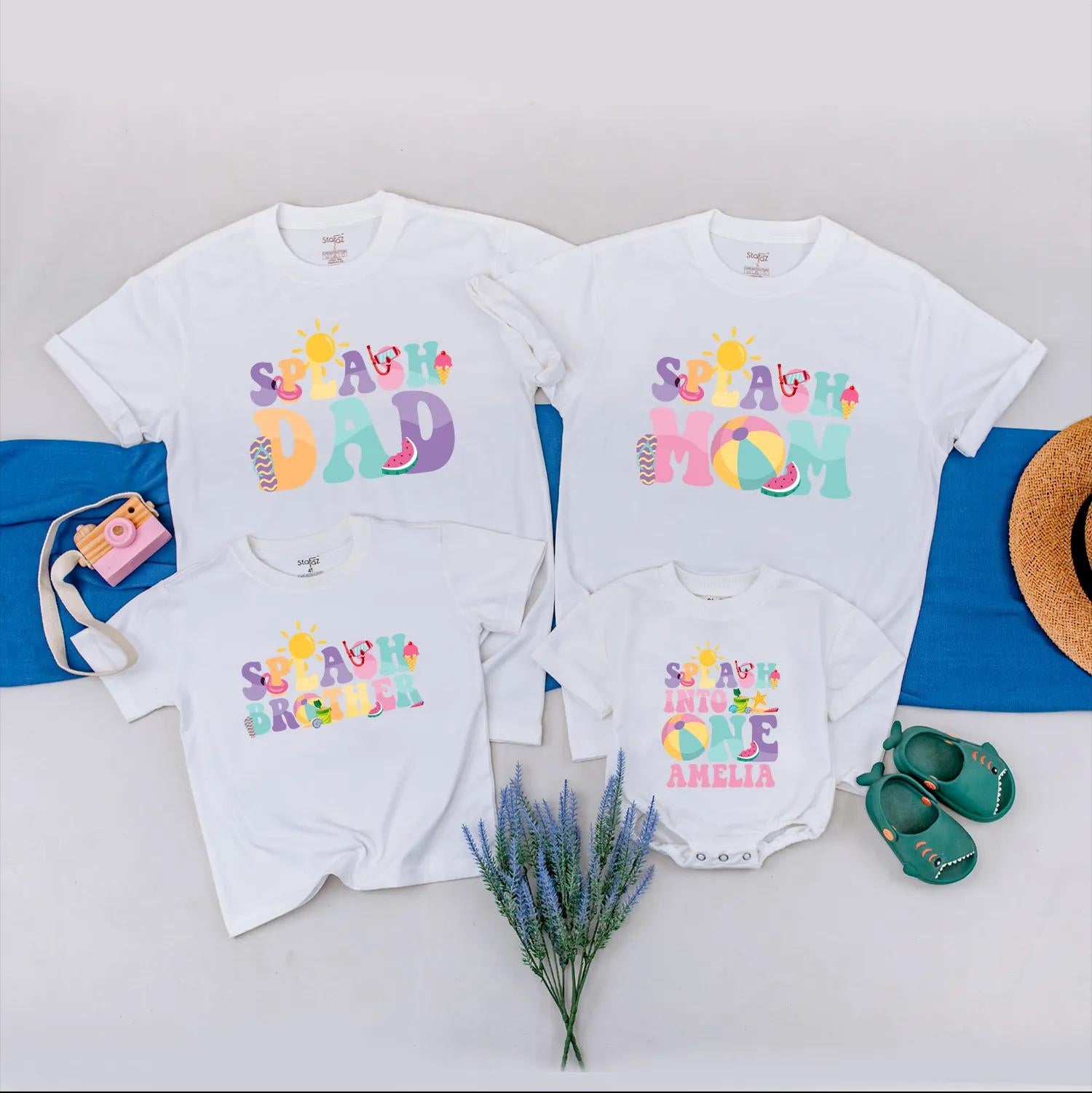 Splash into ONE Birthday Matching Family Shirts Custom Summer Pool Party Outfit Personalized Tropical Vacation Clothes Baby Girl Gift