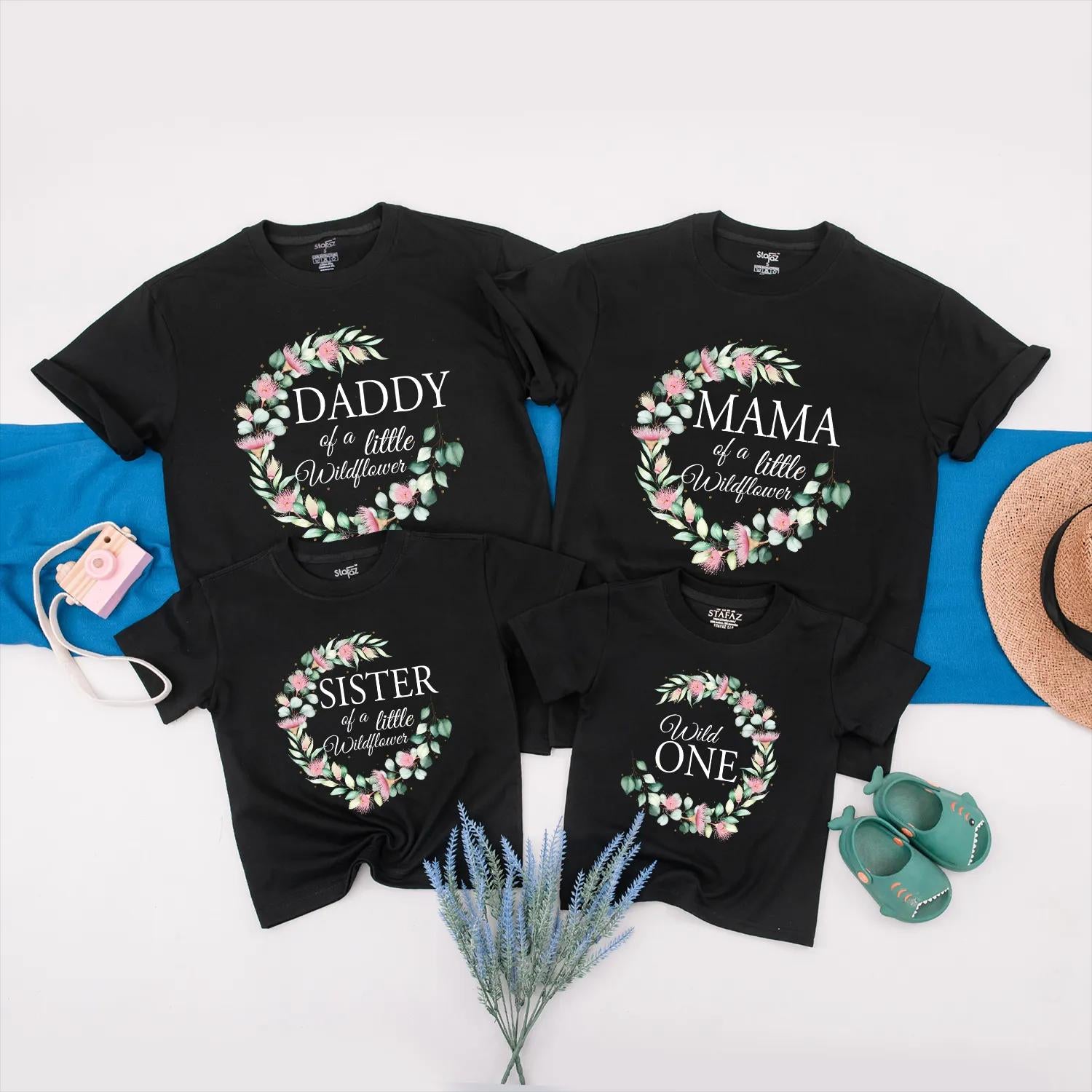 Matching Wildflower Family Birthday Shirts, Personalized Boho Floral Set for Baby Girl, Wild One Outfit, 1st Birthday Gift, Soft Pink & Green