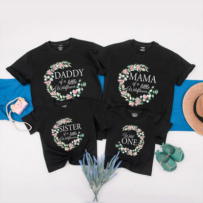 Matching Wildflower Family Birthday Shirts, Personalized Boho Floral Set for Baby Girl, Wild One Outfit, 1st Birthday Gift, Soft Pink & Green