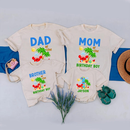 Beach Birthday Family Matching Shirts Crab and Beach Ball Summer Party Outfits Custom Gift for 1st Birthday Boy