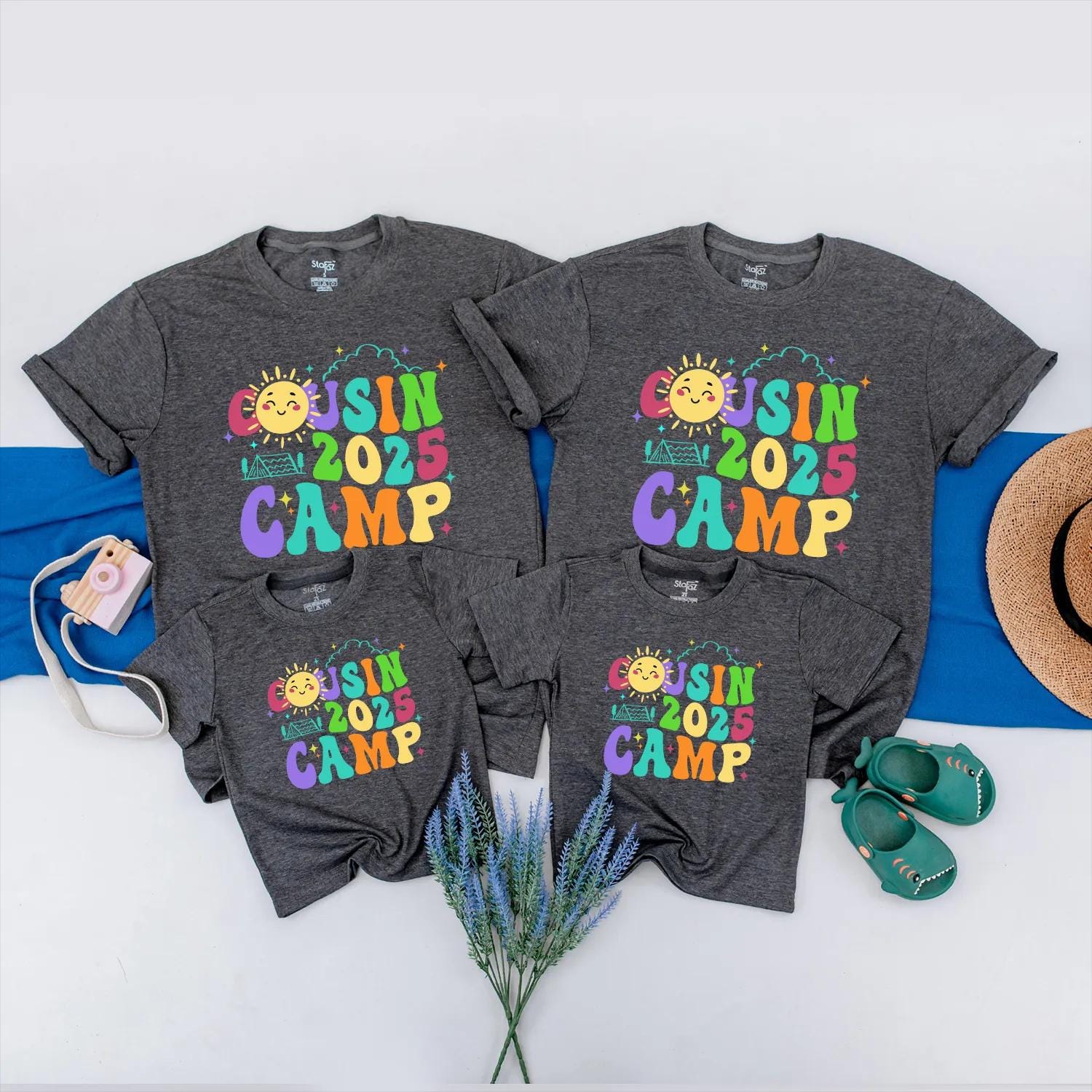 Cousin Camp 2025 Matching Family Shirts: Colorful Reunion Tees with Sun & Tent Graphics! Fun Summer Trip Outfits for Boys, Girls, & Babies