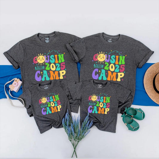 Cousin Camp 2025 Matching Family Shirts: Colorful Reunion Tees with Sun & Tent Graphics! Fun Summer Trip Outfits for Boys, Girls, & Babies