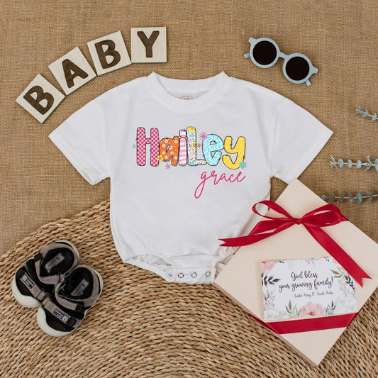Personalized Hailey Grace Bubble Font Romper for Baby Girls Playful Floral Summer Bodysuit Custom Name Birthday Outfit Newborn Shower Gift