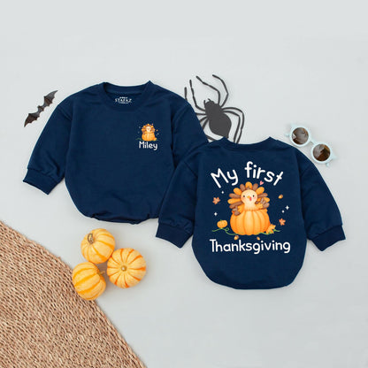 Custom Name My First Thanksgiving Baby Bubble Romper Turkey Day Holiday Outfit Infant Bodysuit Adorable Autumn Celebration Gift