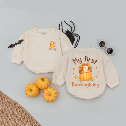 Custom Name My First Thanksgiving Baby Bubble Romper Turkey Day Holiday Outfit Infant Bodysuit Adorable Autumn Celebration Gift
