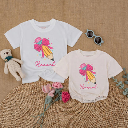 Personalized Pencil Bow Baby Romper Custom Name Back To School First Day Preschool Girl Toddler Gift