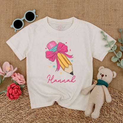 Personalized Pencil Bow Baby Romper Custom Name Back To School First Day Preschool Girl Toddler Gift