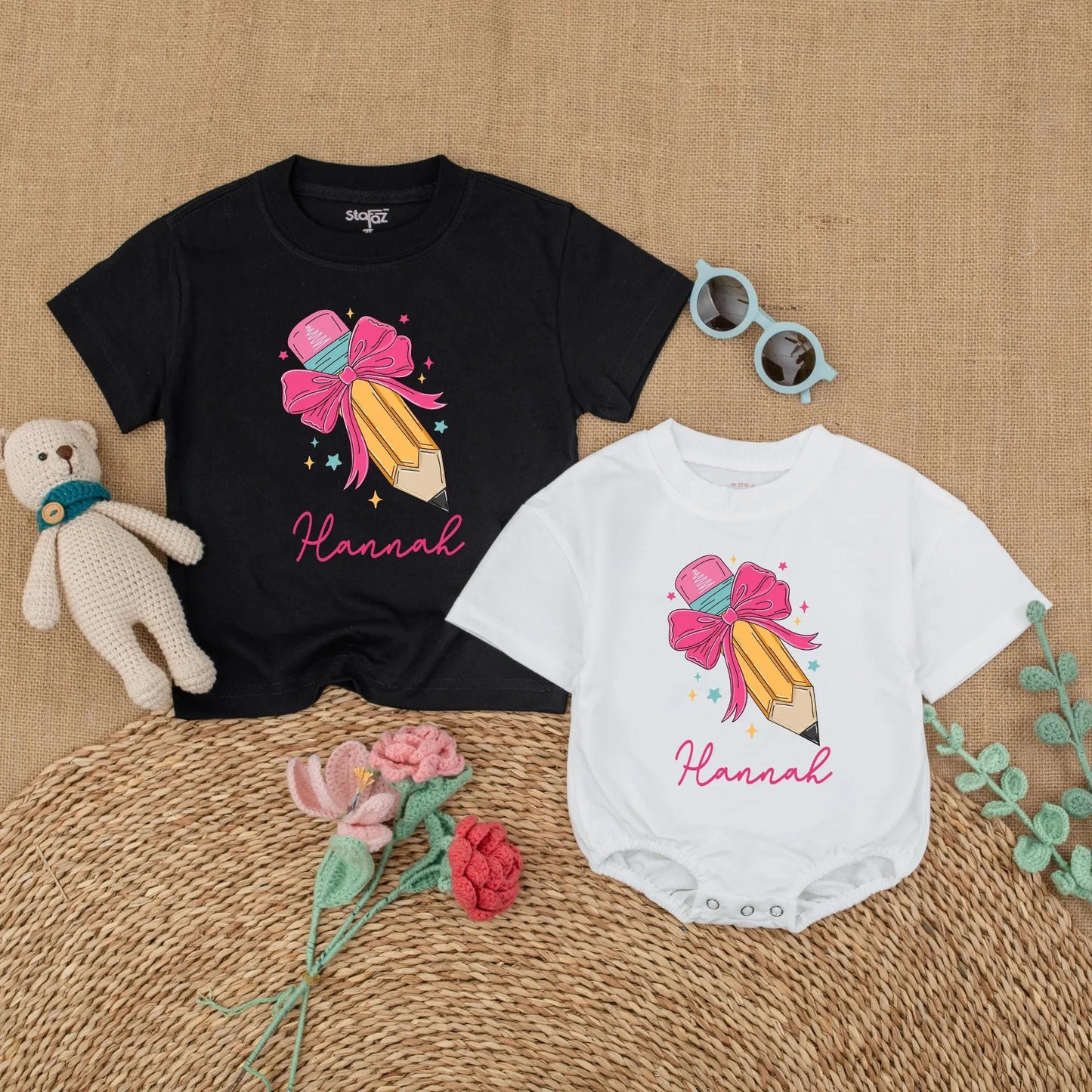 Personalized Pencil Bow Baby Romper Custom Name Back To School First Day Preschool Girl Toddler Gift