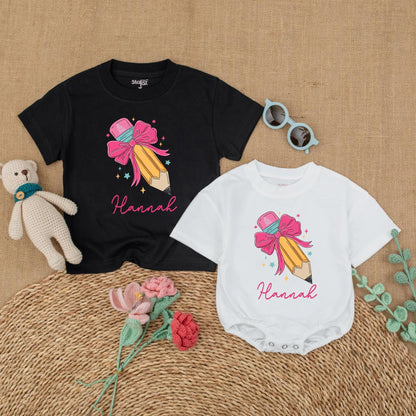 Personalized Pencil Bow Baby Romper Custom Name Back To School First Day Preschool Girl Toddler Gift