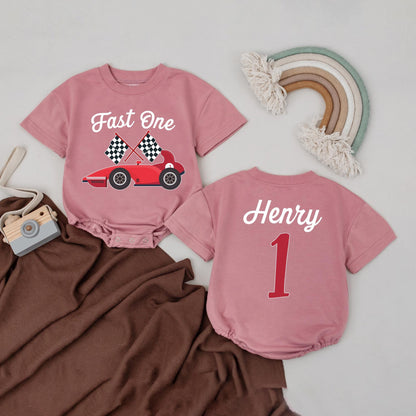 Personalized Fast One Race Car Birthday Romper Outfit for Baby Boy Girl Toddler First Birthday Smash Cake Racing Theme Baby Clothes Comfortable Cotton Gift