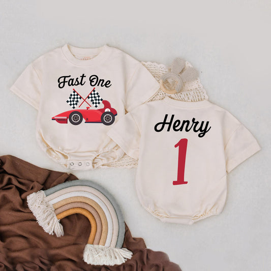 Personalized Fast One Race Car Birthday Romper Outfit for Baby Boy Girl Toddler First Birthday Smash Cake Racing Theme Baby Clothes Comfortable Cotton Gift
