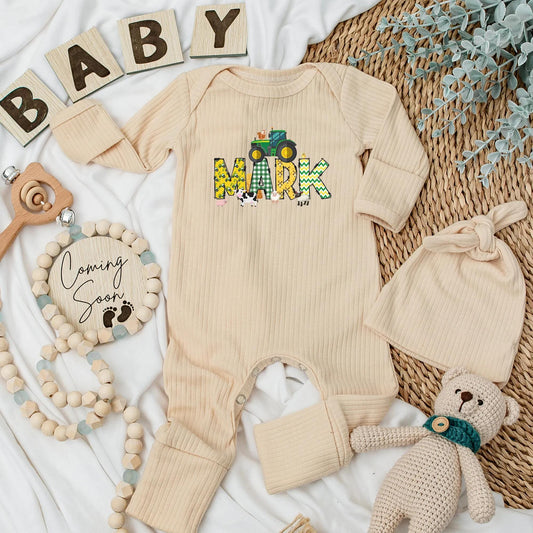 Custom Tractor Name Baby Bodysuit Cute Farm Baby Clothes Newborn Boy Gift Country Baby Shower Outfit