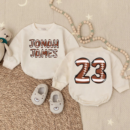 Custom Football Baby Romper Game Day Outfit Cute Fall Natural Bodysuit Sports Toddler Gift for Baby Shower Pregnancy Reveal Fathers Day