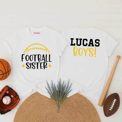 Personalized Name Number Football Sister Shirt with Front and Back Design, Two Player Team Spirit Wear for Game Day Athletic Comfort