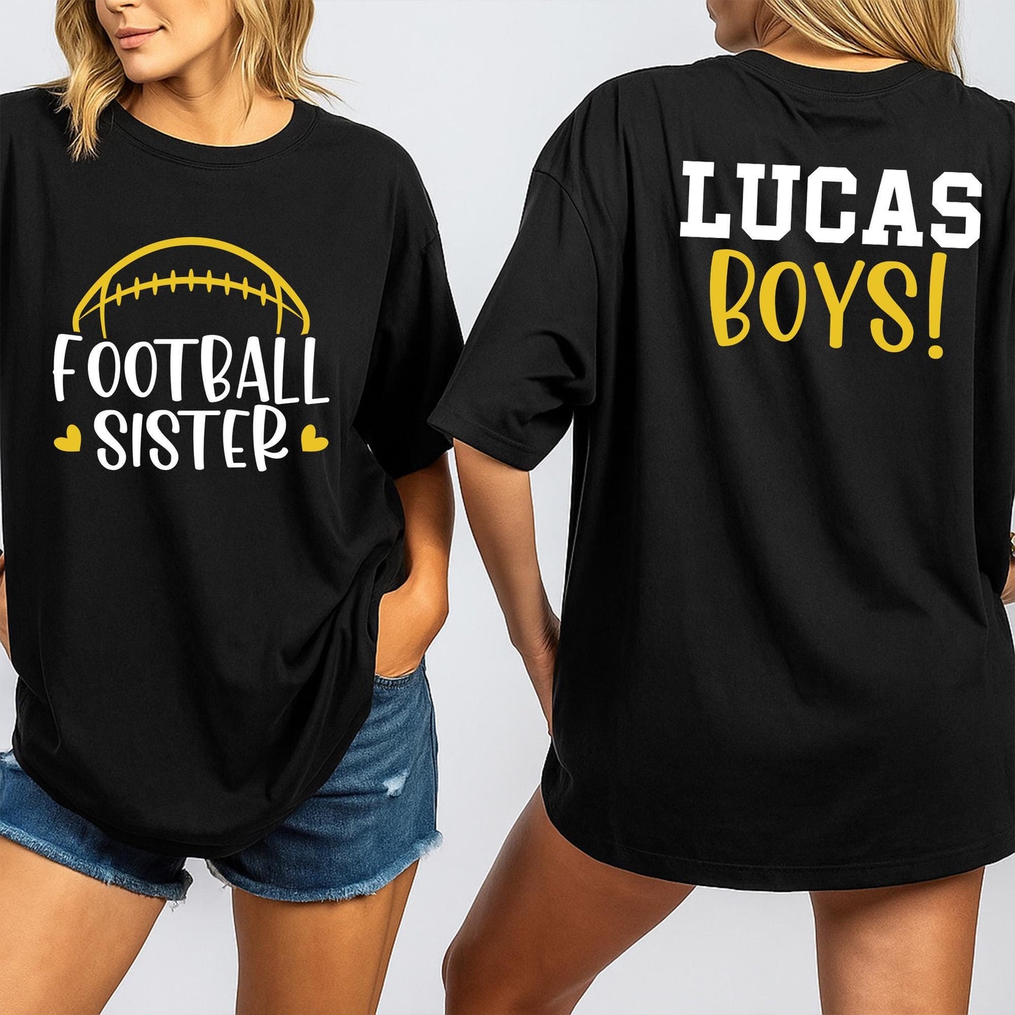 Personalized Name Number Football Sister Shirt with Front and Back Design, Two Player Team Spirit Wear for Game Day Athletic Comfort