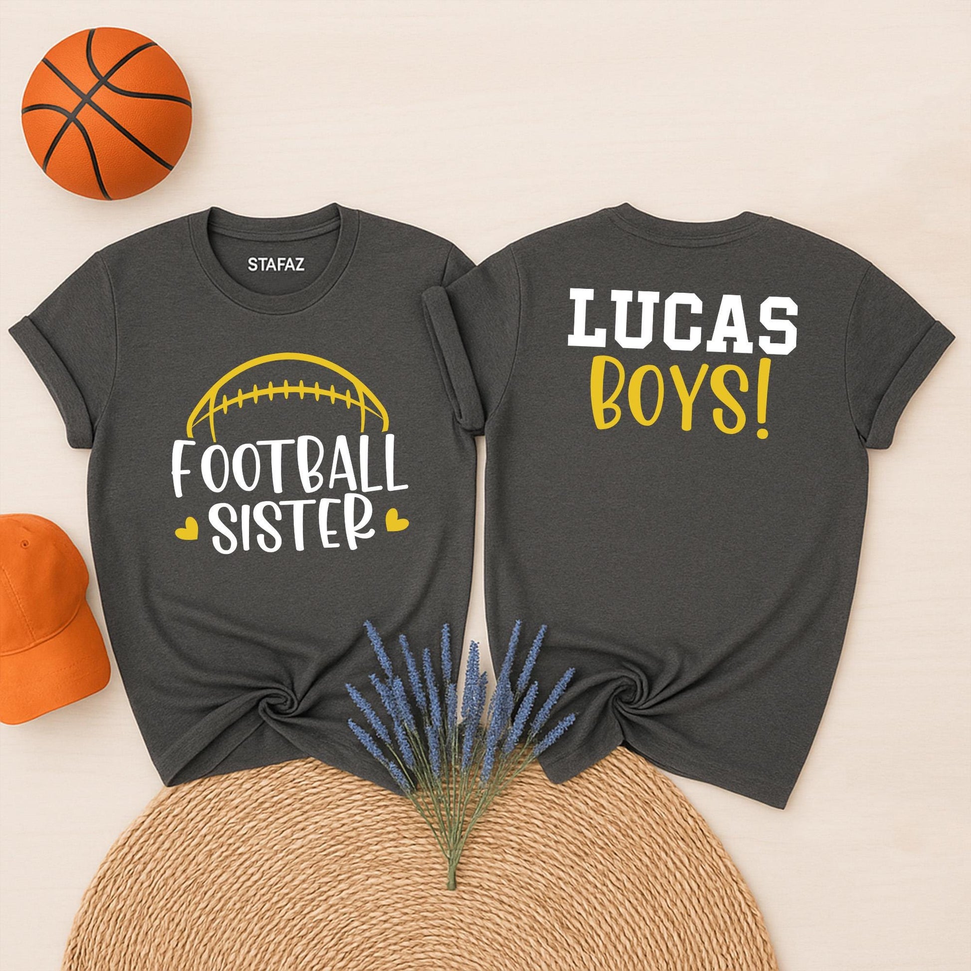 Personalized Name Number Football Sister Shirt with Front and Back Design, Two Player Team Spirit Wear for Game Day Athletic Comfort