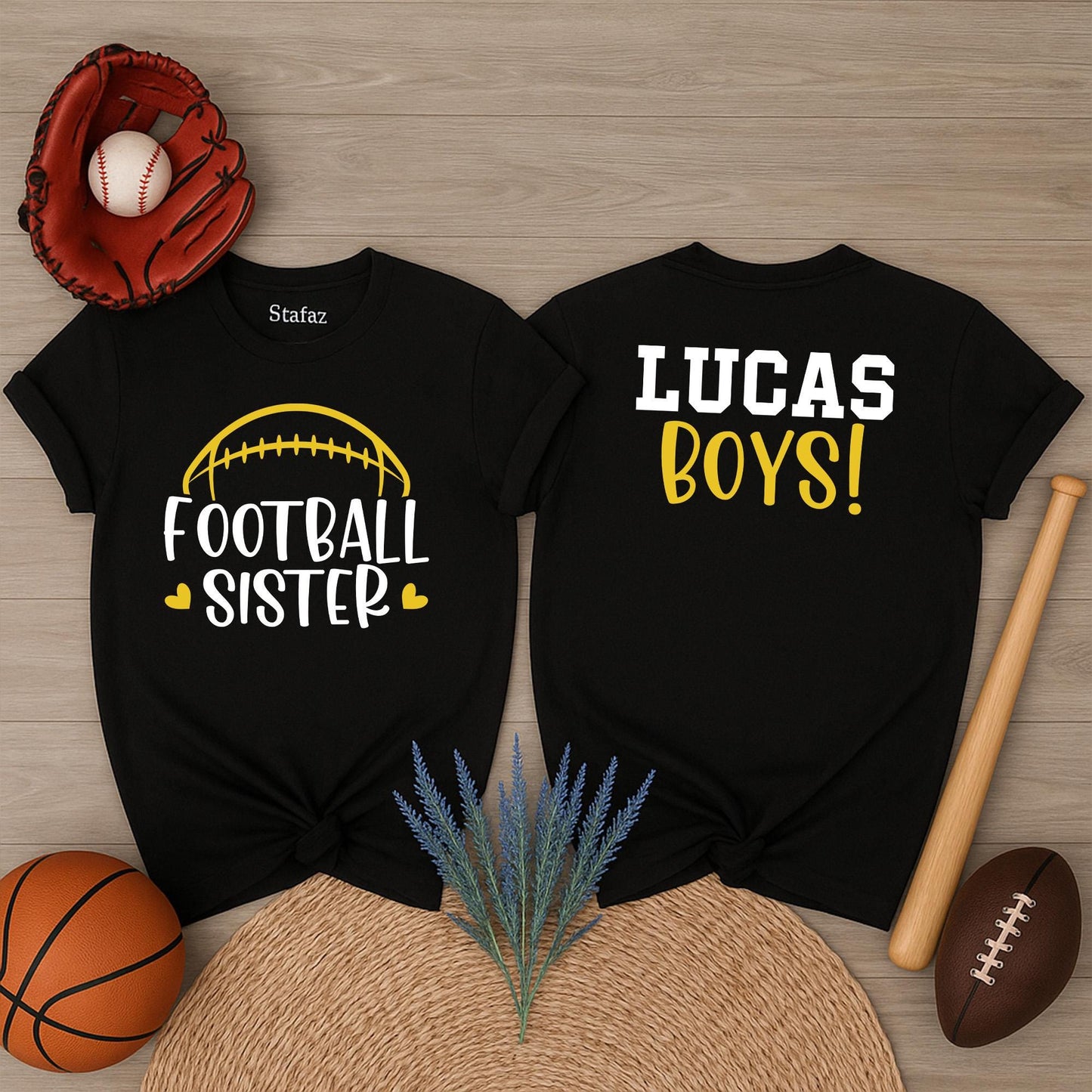 Personalized Name Number Football Sister Shirt with Front and Back Design, Two Player Team Spirit Wear for Game Day Athletic Comfort