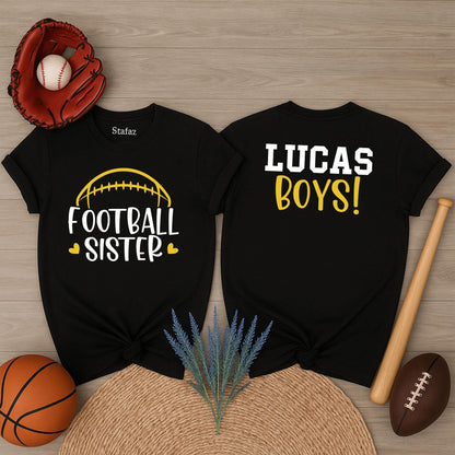 Personalized Name Number Football Sister Shirt with Front and Back Design, Two Player Team Spirit Wear for Game Day Athletic Comfort