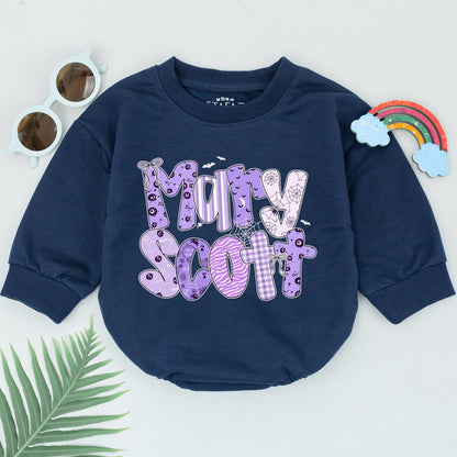 Personalized Purple Halloween Name Romper My First Halloween Bodysuit for Baby Girl or Boy Halloween Birthday Outfit Baby Shower Gift