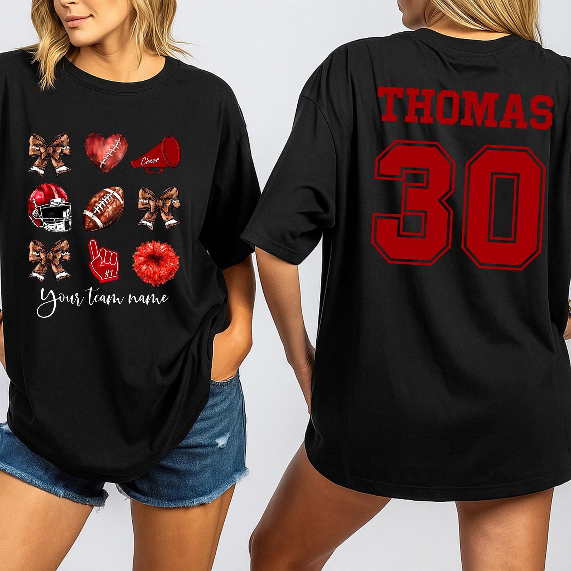 Custom Team Name Football Bow Shirt Cheer Mom School Mascot Coquette Style Game Day Apparel for Cheerleaders and Supportive Fans