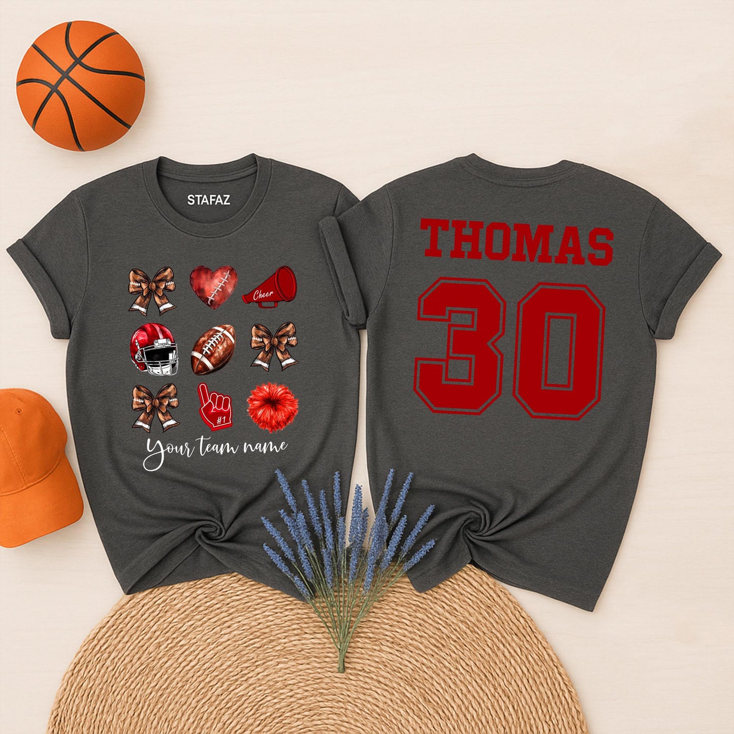 Custom Team Name Football Bow Shirt Cheer Mom School Mascot Coquette Style Game Day Apparel for Cheerleaders and Supportive Fans